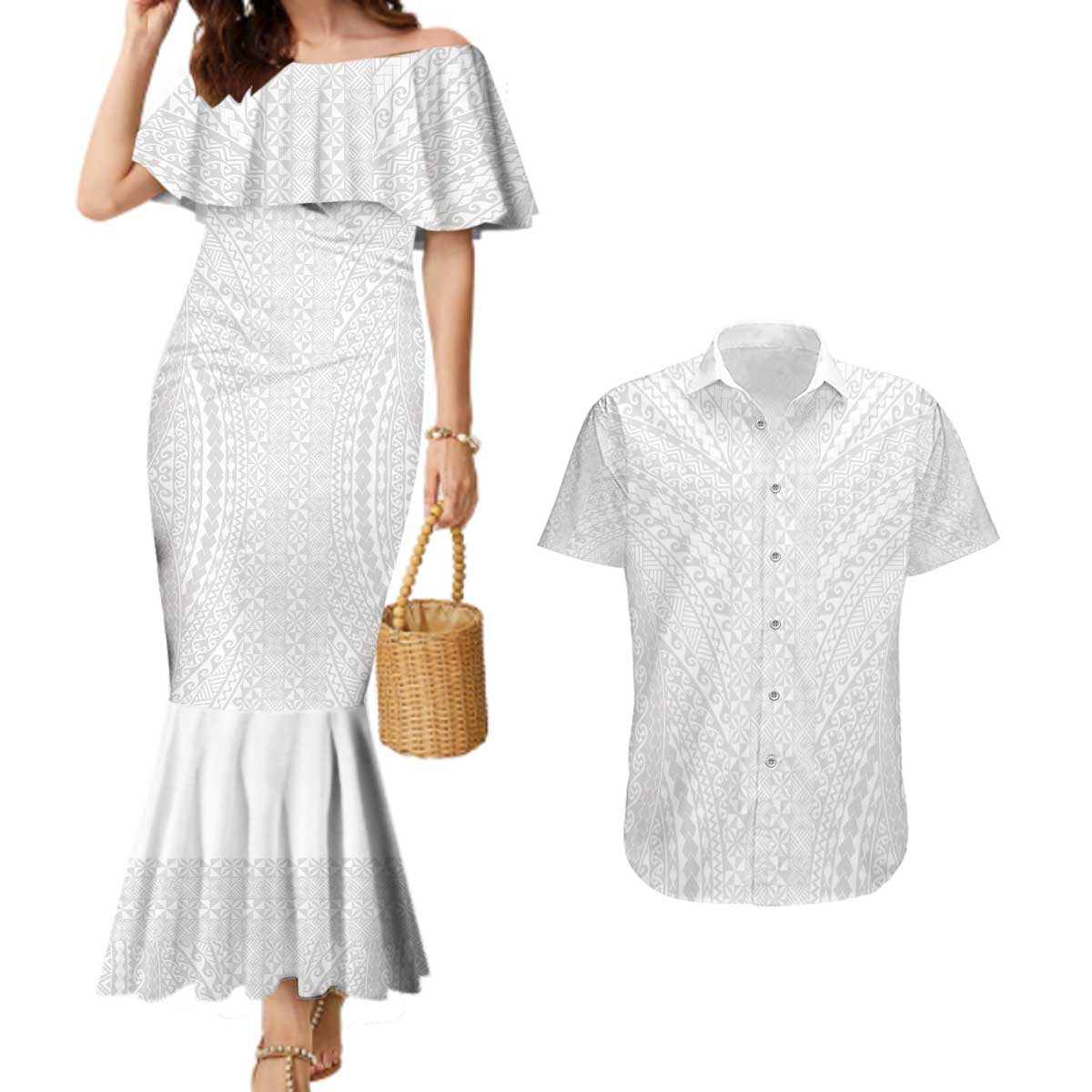 Lotu Tamaiti White Tongan Ngatu Couples Matching Mermaid Dress and Hawaiian Shirt Polynesian Tribal Fonulei Pattern - Polynesian Pride