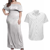 Lotu Tamaiti White Tongan Ngatu Couples Matching Off Shoulder Maxi Dress and Hawaiian Shirt Polynesian Tribal Fonulei Pattern LT9 White - Polynesian Pride