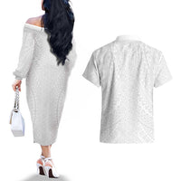 Lotu Tamaiti White Tongan Ngatu Couples Matching Off The Shoulder Long Sleeve Dress and Hawaiian Shirt Polynesian Tribal Fonulei Pattern LT9 - Polynesian Pride
