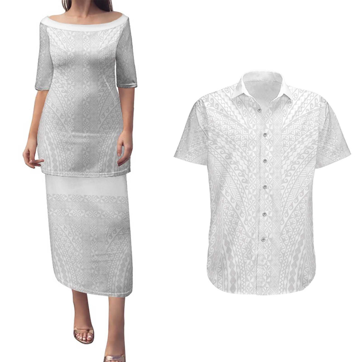 Lotu Tamaiti White Tongan Ngatu Couples Matching Puletasi and Hawaiian Shirt Polynesian Tribal Fonulei Pattern LT9 White - Polynesian Pride