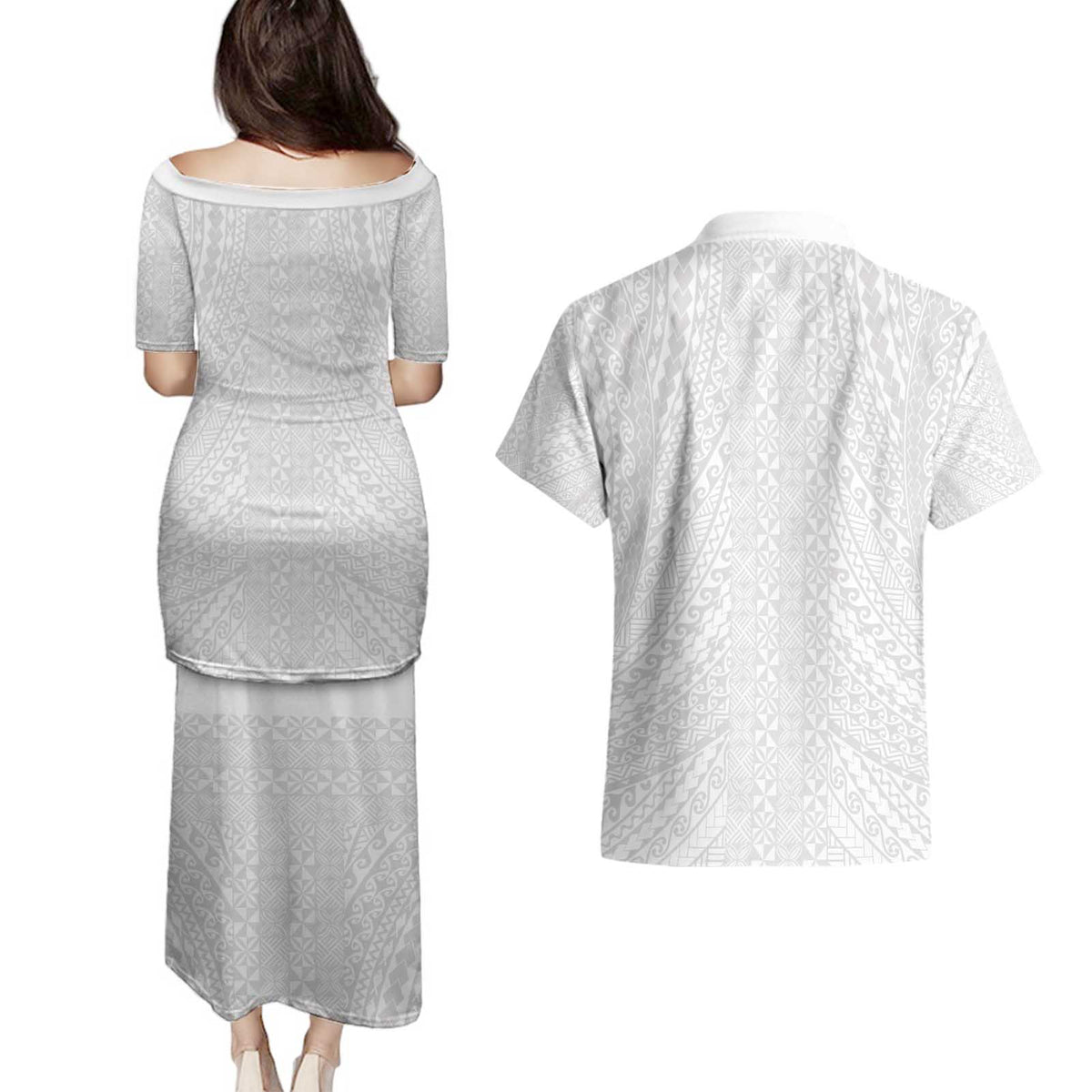 Lotu Tamaiti White Tongan Ngatu Couples Matching Puletasi and Hawaiian Shirt Polynesian Tribal Fonulei Pattern LT9 - Polynesian Pride