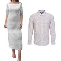 Lotu Tamaiti White Tongan Ngatu Couples Matching Puletasi and Long Sleeve Button Shirt Polynesian Tribal Fonulei Pattern LT9 White - Polynesian Pride