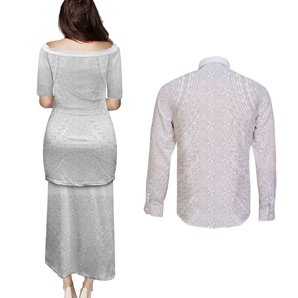 Lotu Tamaiti White Tongan Ngatu Couples Matching Puletasi and Long Sleeve Button Shirt Polynesian Tribal Fonulei Pattern LT9 - Polynesian Pride