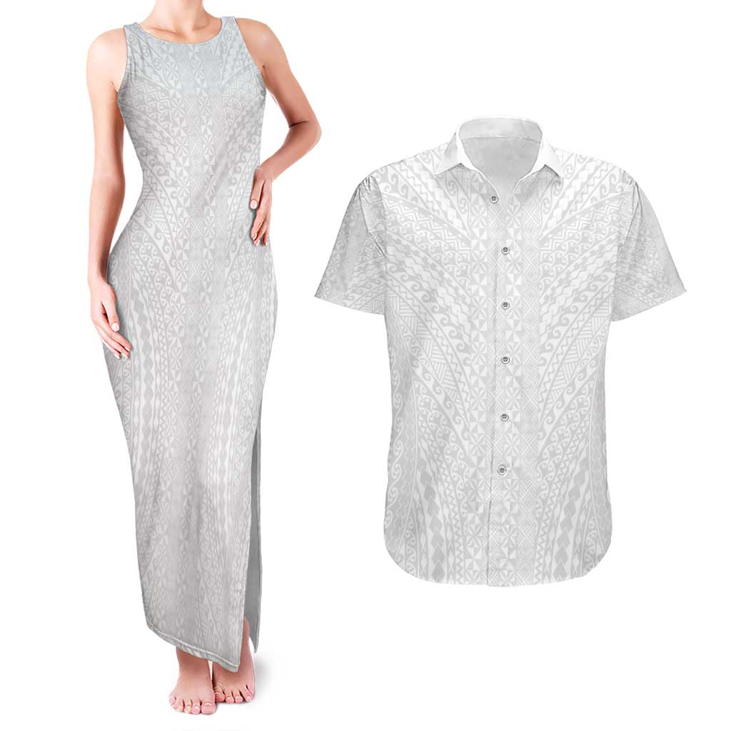 Lotu Tamaiti White Tongan Ngatu Couples Matching Tank Maxi Dress and Hawaiian Shirt Polynesian Tribal Fonulei Pattern LT9 White - Polynesian Pride