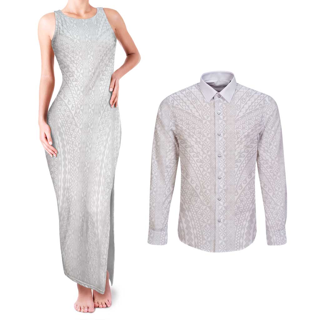 Lotu Tamaiti White Tongan Ngatu Couples Matching Tank Maxi Dress and Long Sleeve Button Shirt Polynesian Tribal Fonulei Pattern LT9 White - Polynesian Pride