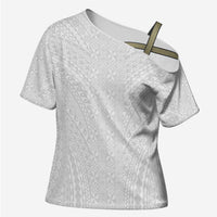 Lotu Tamaiti White Tongan Ngatu Cross Shoulder Shirt Polynesian Tribal Fonulei Pattern LT9 Female White - Polynesian Pride