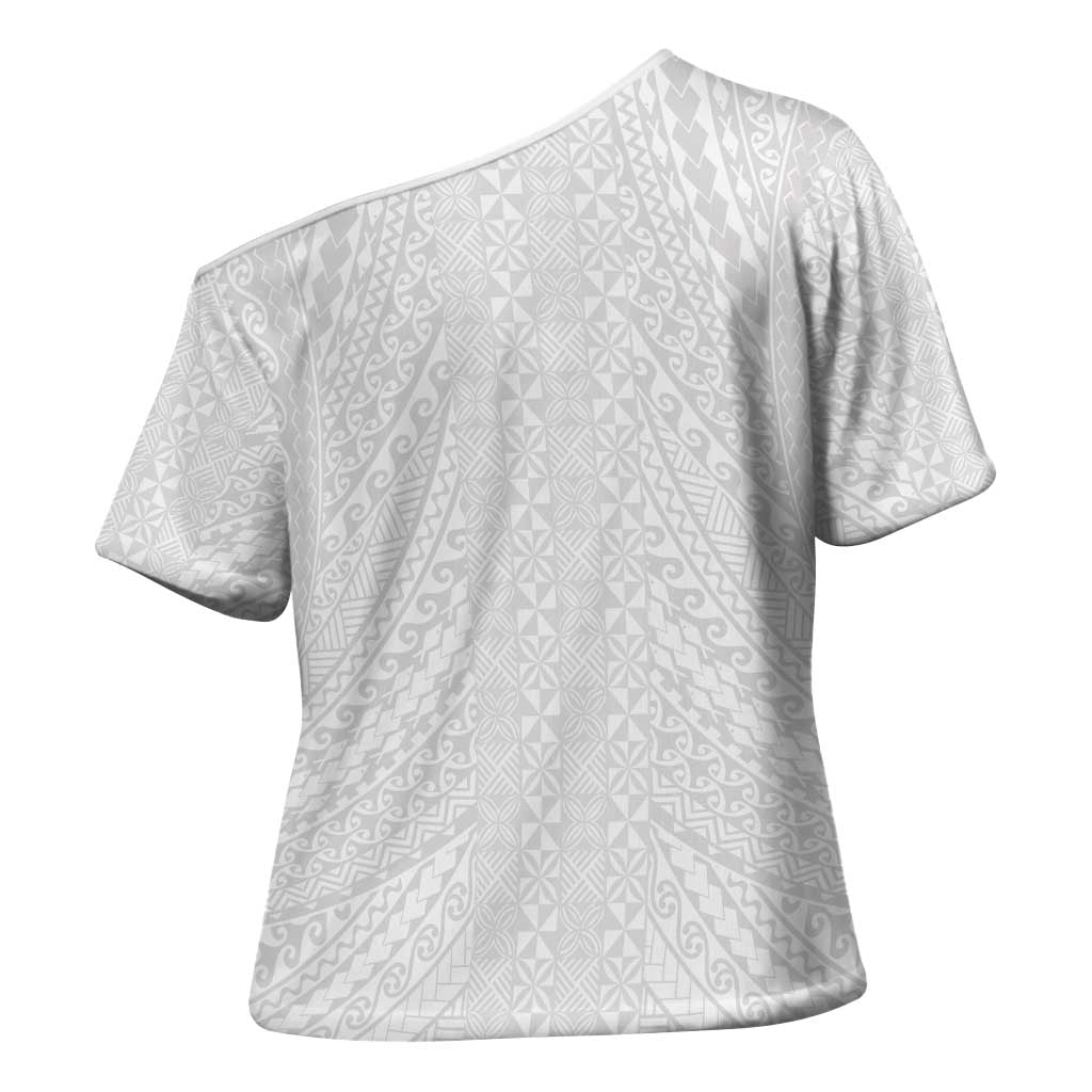 Lotu Tamaiti White Tongan Ngatu Cross Shoulder Shirt Polynesian Tribal Fonulei Pattern LT9 - Polynesian Pride