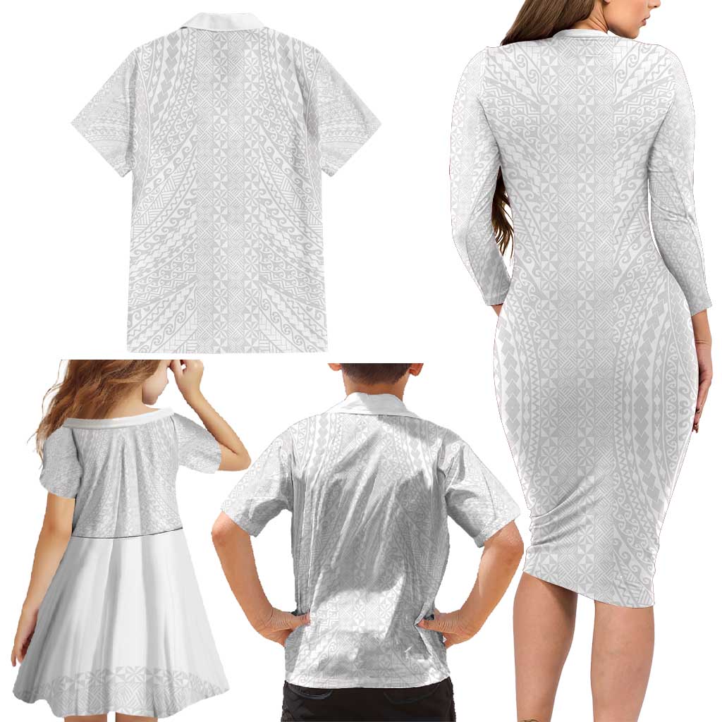 Lotu Tamaiti White Tongan Ngatu Family Matching Long Sleeve Bodycon Dress and Hawaiian Shirt Polynesian Tribal Fonulei Pattern LT9 - Polynesian Pride