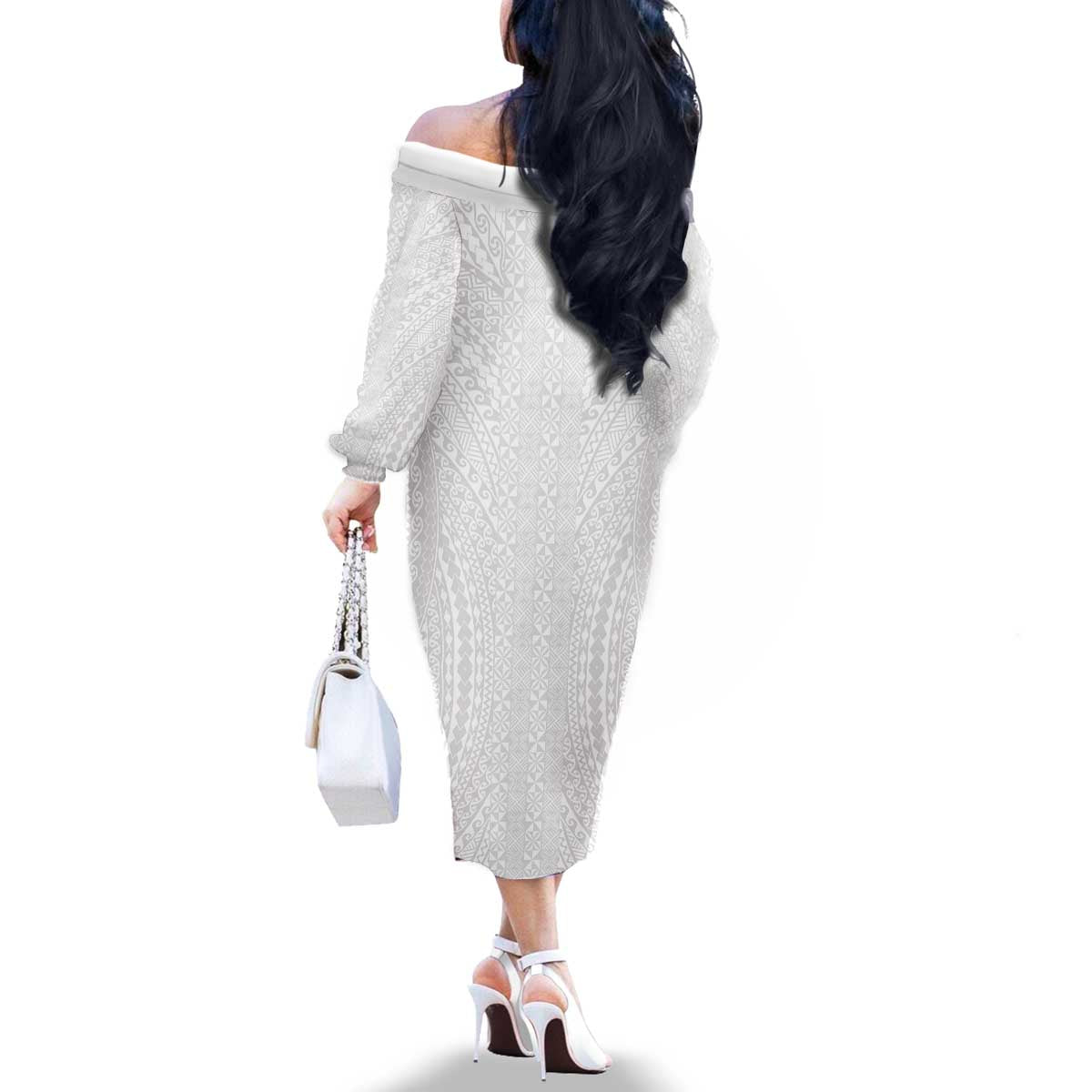 Lotu Tamaiti White Tongan Ngatu Family Matching Off The Shoulder Long Sleeve Dress and Hawaiian Shirt Polynesian Tribal Fonulei Pattern LT9 - Polynesian Pride