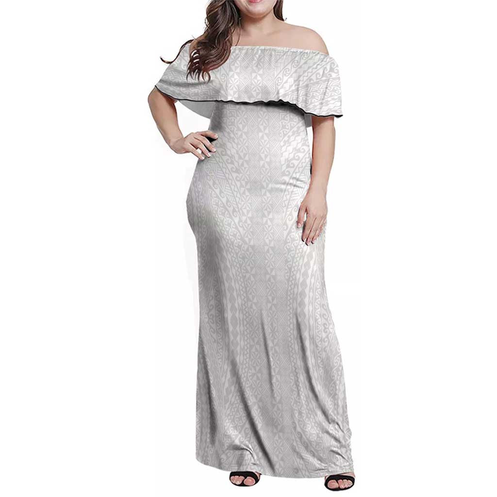 Lotu Tamaiti White Tongan Ngatu Family Matching Off Shoulder Maxi Dress and Hawaiian Shirt Polynesian Tribal Fonulei Pattern LT9 Mom's Dress White - Polynesian Pride