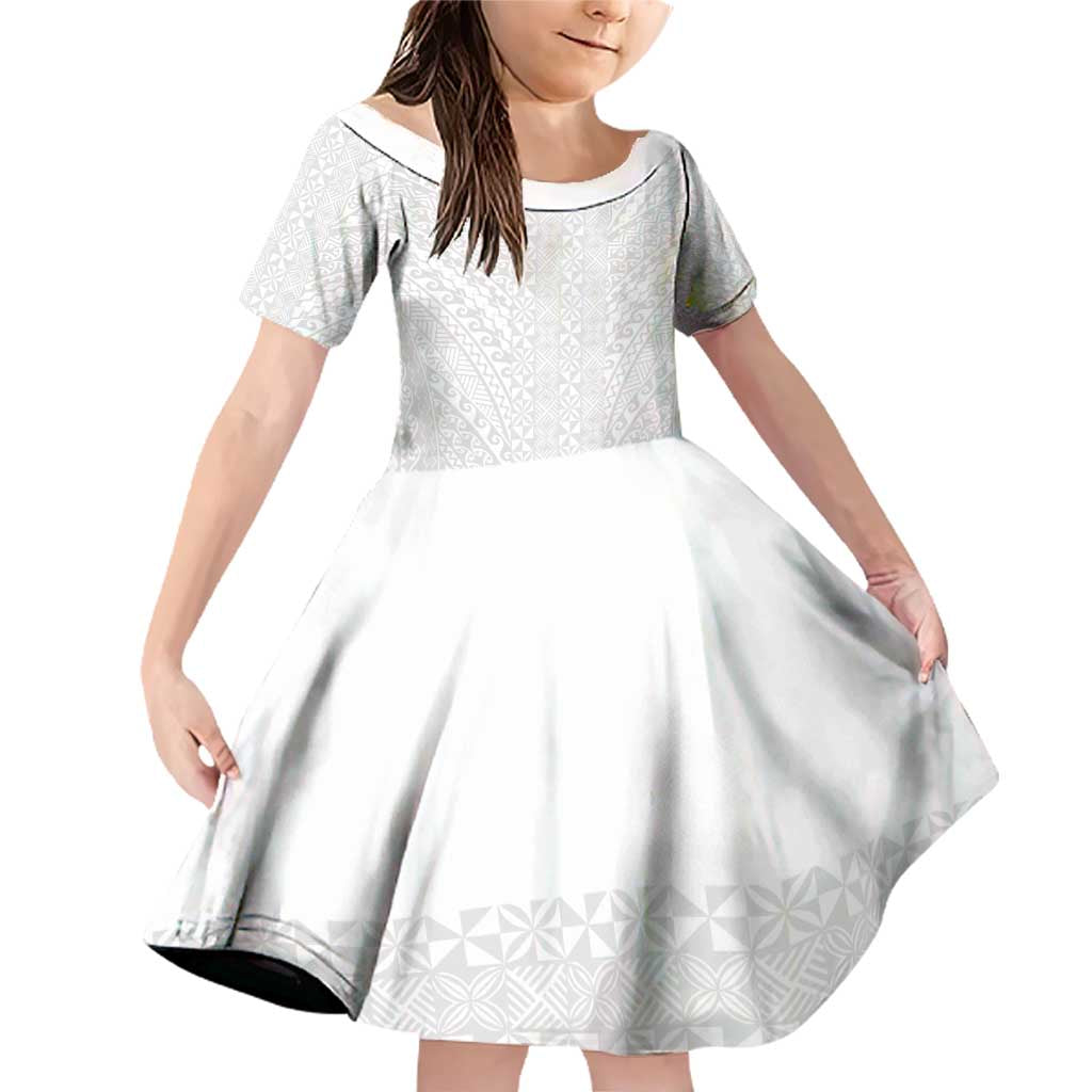 Lotu Tamaiti White Tongan Ngatu Family Matching Off Shoulder Short Dress and Hawaiian Shirt Polynesian Tribal Fonulei Pattern LT9 Daughter's Dress White - Polynesian Pride
