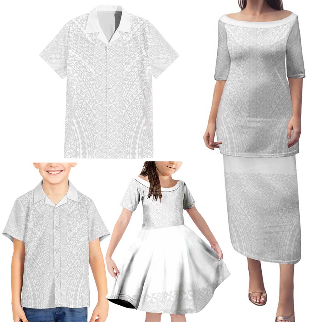 Lotu Tamaiti White Tongan Ngatu Family Matching Puletasi and Hawaiian Shirt Polynesian Tribal Fonulei Pattern LT9 - Polynesian Pride