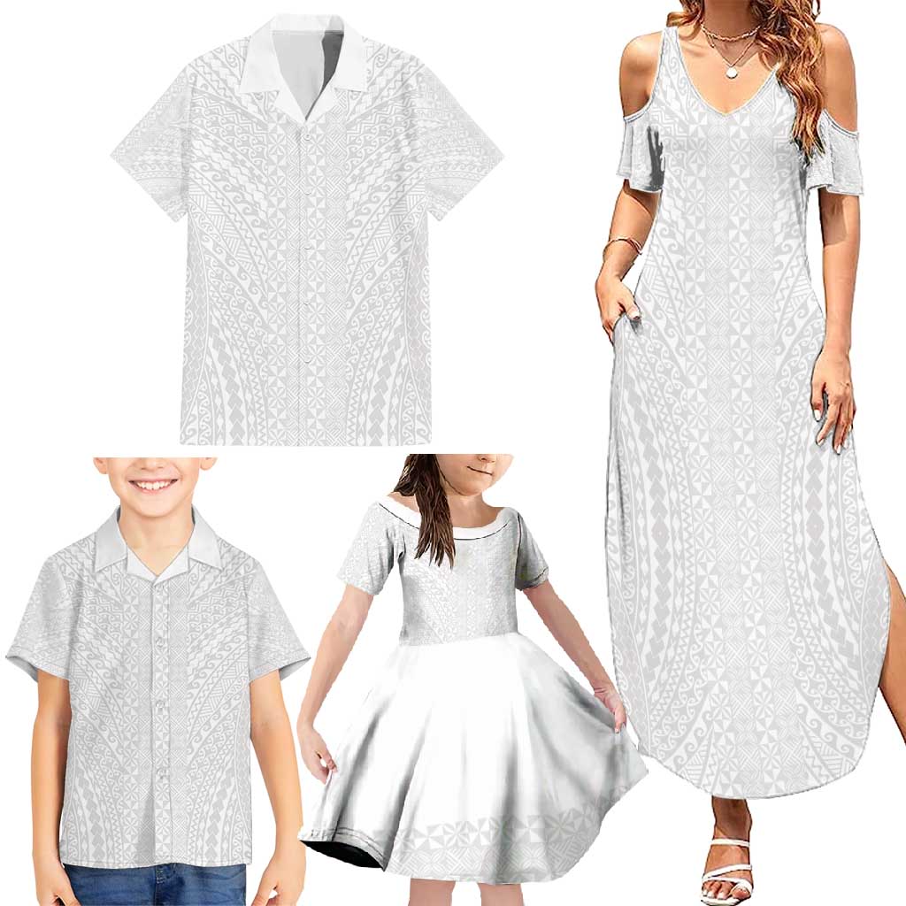 Lotu Tamaiti White Tongan Ngatu Family Matching Summer Maxi Dress and Hawaiian Shirt Polynesian Tribal Fonulei Pattern LT9 - Polynesian Pride