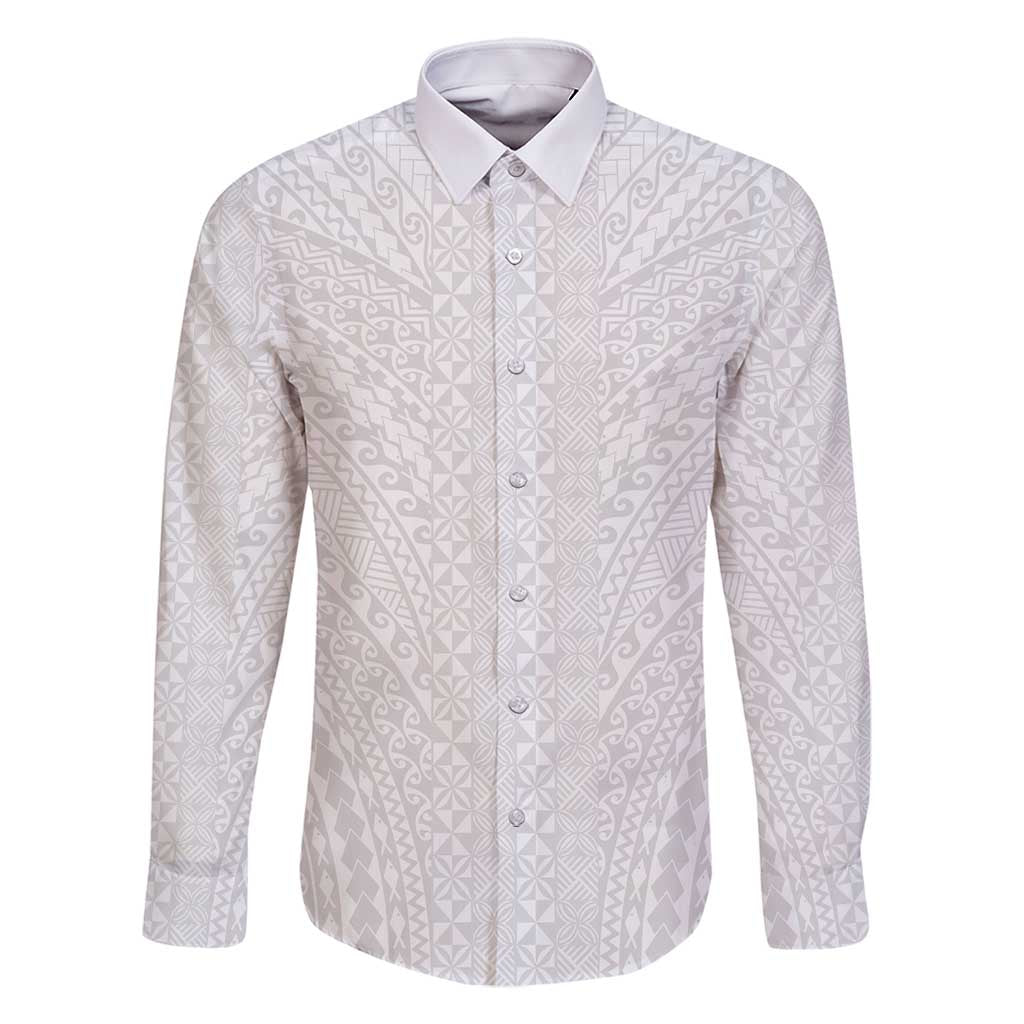 Lotu Tamaiti White Tongan Ngatu Family Matching Summer Maxi Dress and Hawaiian Shirt Polynesian Tribal Fonulei Pattern LT9 Dad's Shirt - Long Sleeve White - Polynesian Pride