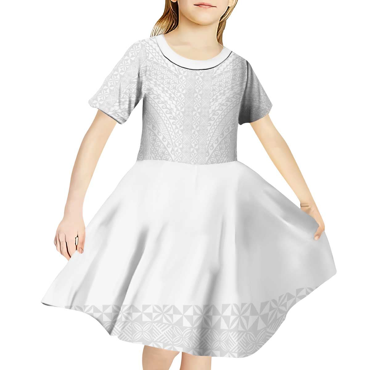 Lotu Tamaiti White Tongan Ngatu Kid Short Sleeve Dress Polynesian Tribal Fonulei Pattern LT9 - Polynesian Pride