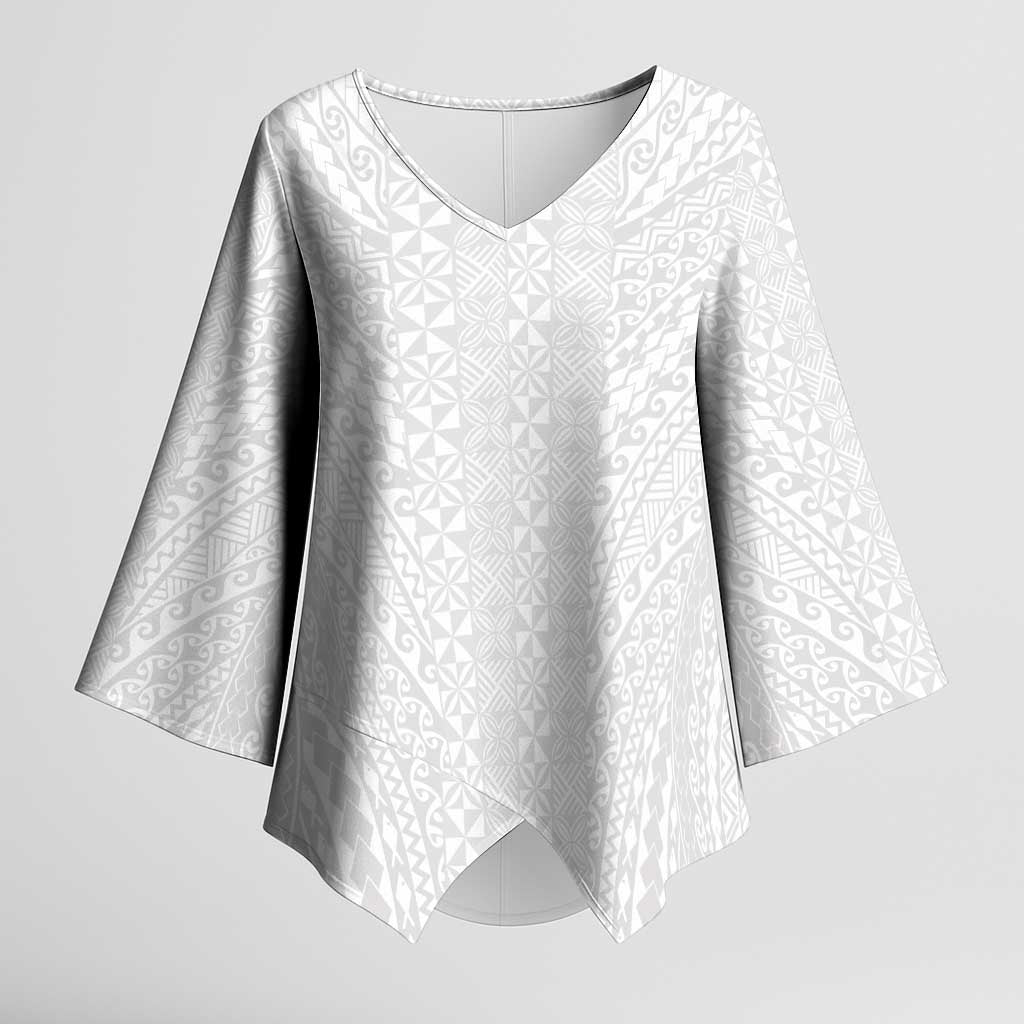 Lotu Tamaiti White Tongan Ngatu Kimono Sleeve Blouse Polynesian Tribal Fonulei Pattern LT9 Female White - Polynesian Pride