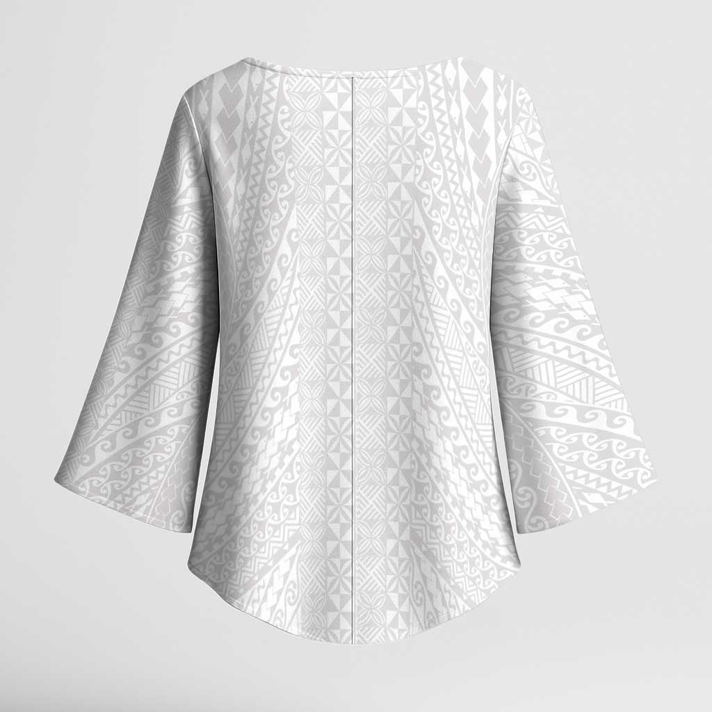 Lotu Tamaiti White Tongan Ngatu Kimono Sleeve Blouse Polynesian Tribal Fonulei Pattern LT9 - Polynesian Pride