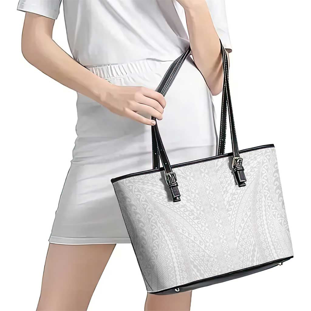 Lotu Tamaiti White Tongan Ngatu Leather Tote Bag Polynesian Tribal Fonulei Pattern - Polynesian Pride