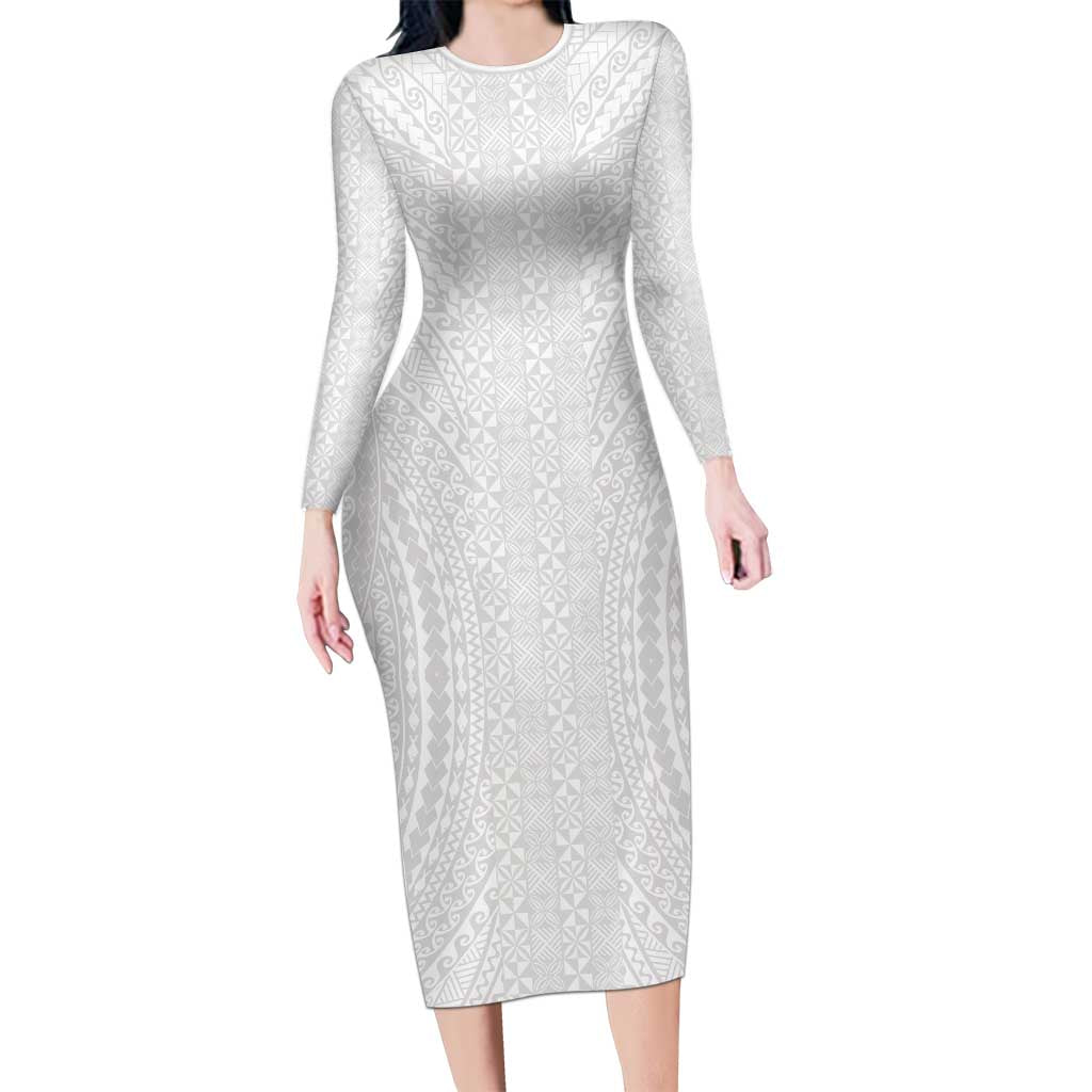 Lotu Tamaiti White Tongan Ngatu Long Sleeve Bodycon Dress Polynesian Tribal Fonulei Pattern LT9 Long Dress White - Polynesian Pride