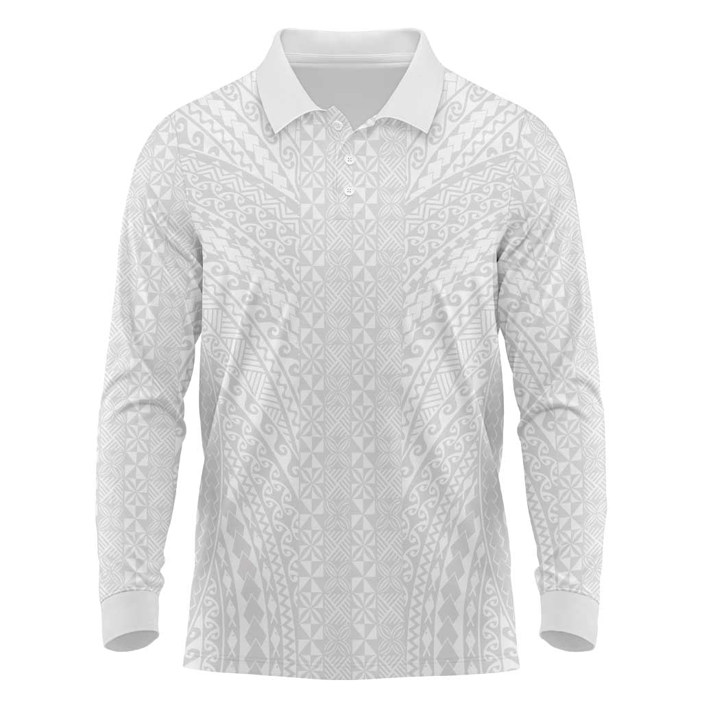 Lotu Tamaiti White Tongan Ngatu Long Sleeve Polo Shirt Polynesian Tribal Fonulei Pattern LT9 White - Polynesian Pride