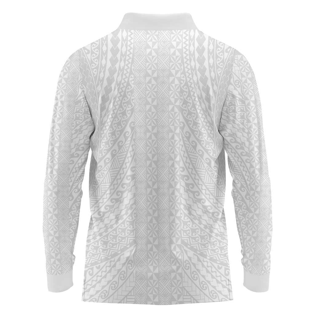 Lotu Tamaiti White Tongan Ngatu Long Sleeve Polo Shirt Polynesian Tribal Fonulei Pattern LT9 - Polynesian Pride