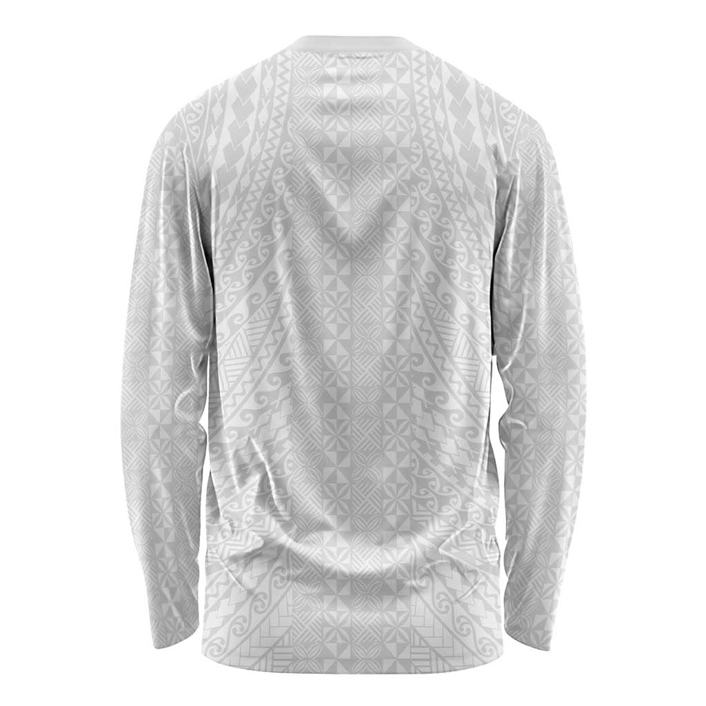 Lotu Tamaiti White Tongan Ngatu Long Sleeve Shirt Polynesian Tribal Fonulei Pattern LT9 - Polynesian Pride