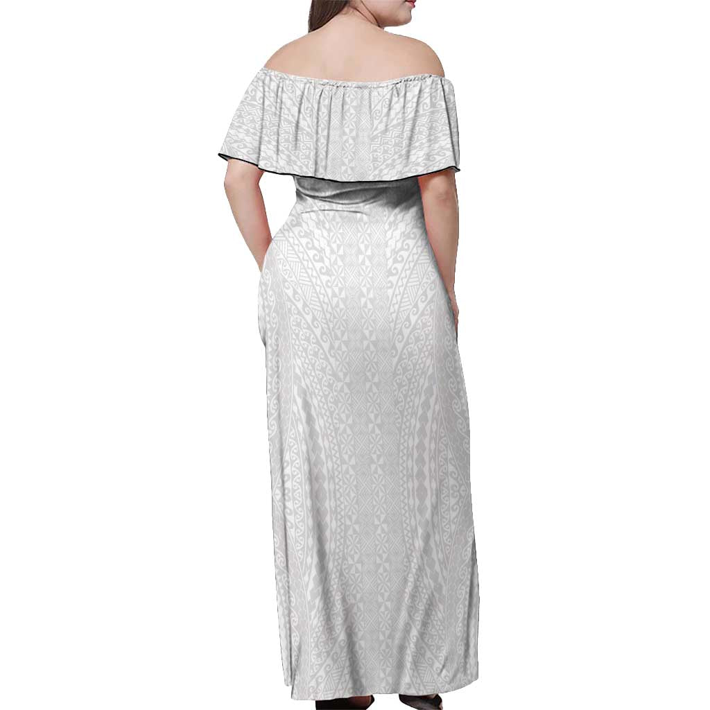 Lotu Tamaiti White Tongan Ngatu Off Shoulder Maxi Dress Polynesian Tribal Fonulei Pattern LT9 - Polynesian Pride