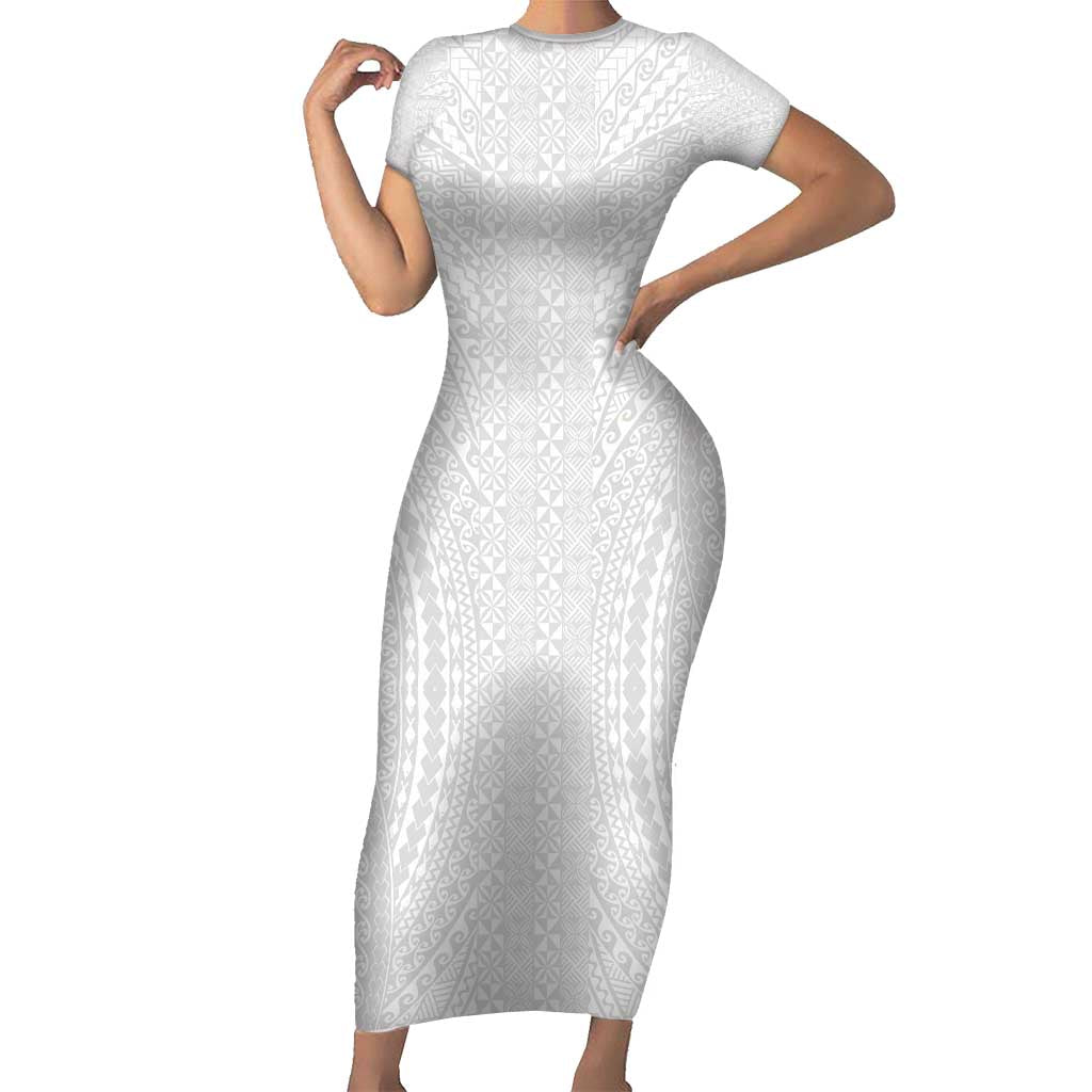 Lotu Tamaiti White Tongan Ngatu Short Sleeve Bodycon Dress Polynesian Tribal Fonulei Pattern LT9 Long Dress White - Polynesian Pride