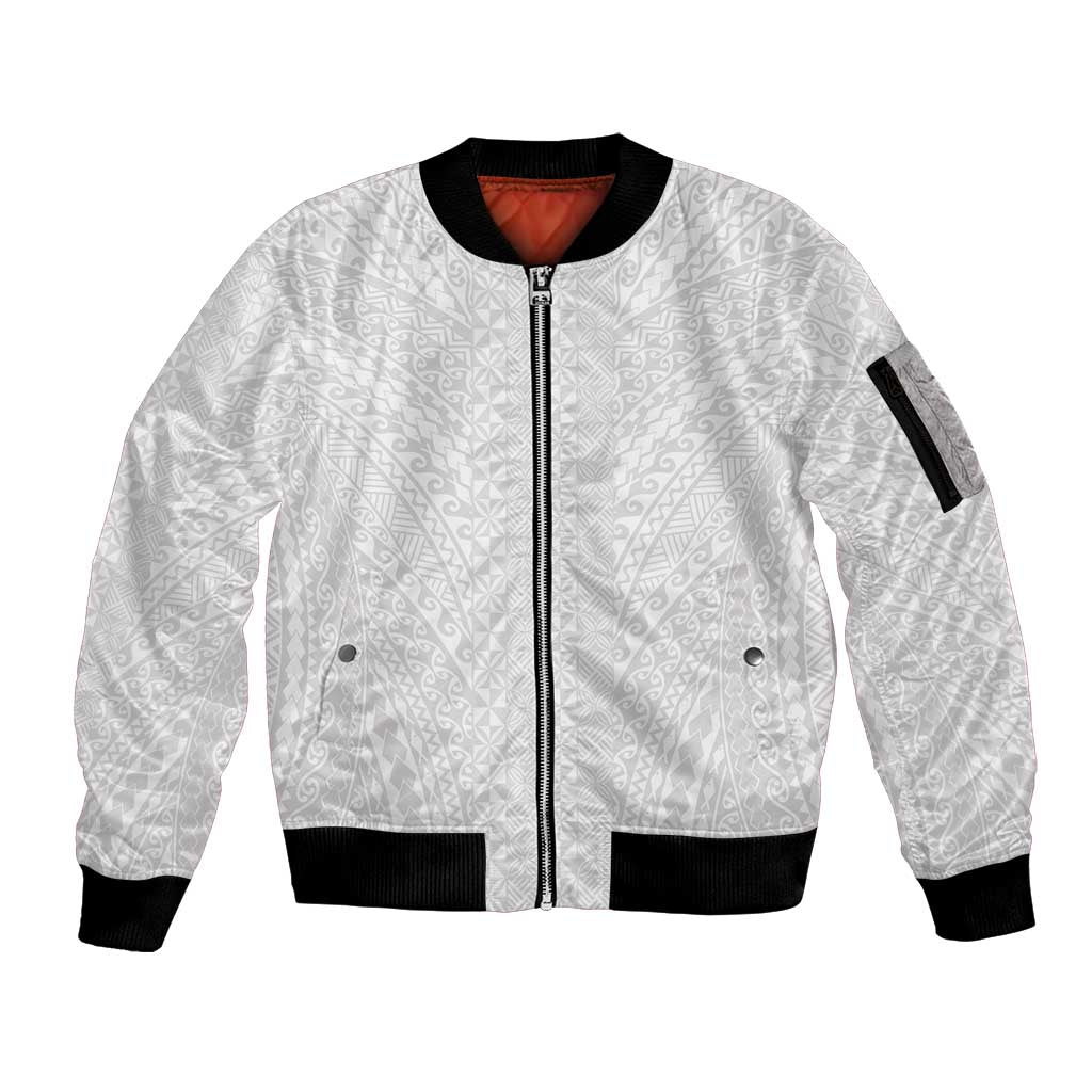 Lotu Tamaiti White Tongan Ngatu Sleeve Zip Bomber Jacket Polynesian Tribal Fonulei Pattern - Polynesian Pride