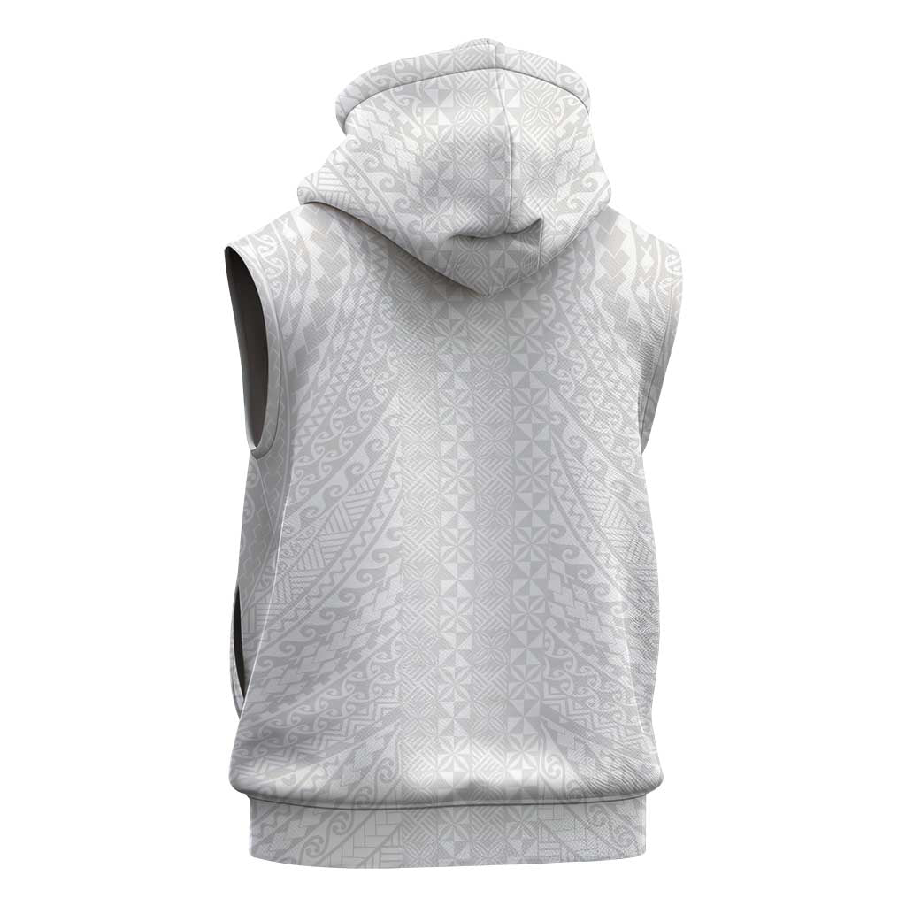 Lotu Tamaiti White Tongan Ngatu Sleeveless Zip Hoodie Polynesian Tribal Fonulei Pattern LT9 - Polynesian Pride