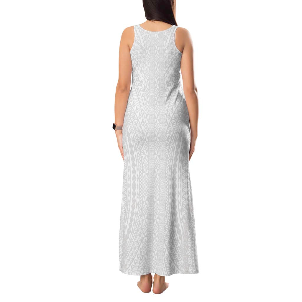 Lotu Tamaiti White Tongan Ngatu Tank Maxi Dress Polynesian Tribal Fonulei Pattern LT9 - Polynesian Pride