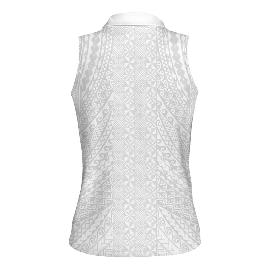 Lotu Tamaiti White Tongan Ngatu Women Sleeveless Polo Shirt Polynesian Tribal Fonulei Pattern LT9 - Polynesian Pride