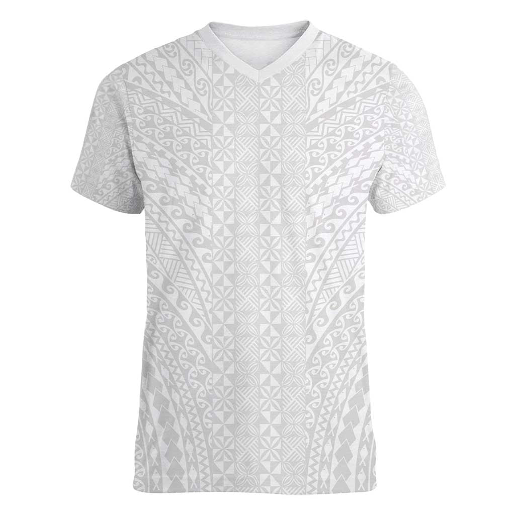 Lotu Tamaiti White Tongan Ngatu Women V-Neck T-Shirt Polynesian Tribal Fonulei Pattern LT9 Female White - Polynesian Pride