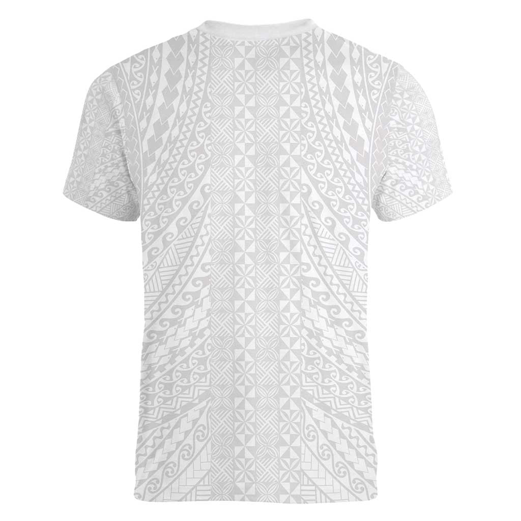 Lotu Tamaiti White Tongan Ngatu Women V-Neck T-Shirt Polynesian Tribal Fonulei Pattern LT9 - Polynesian Pride