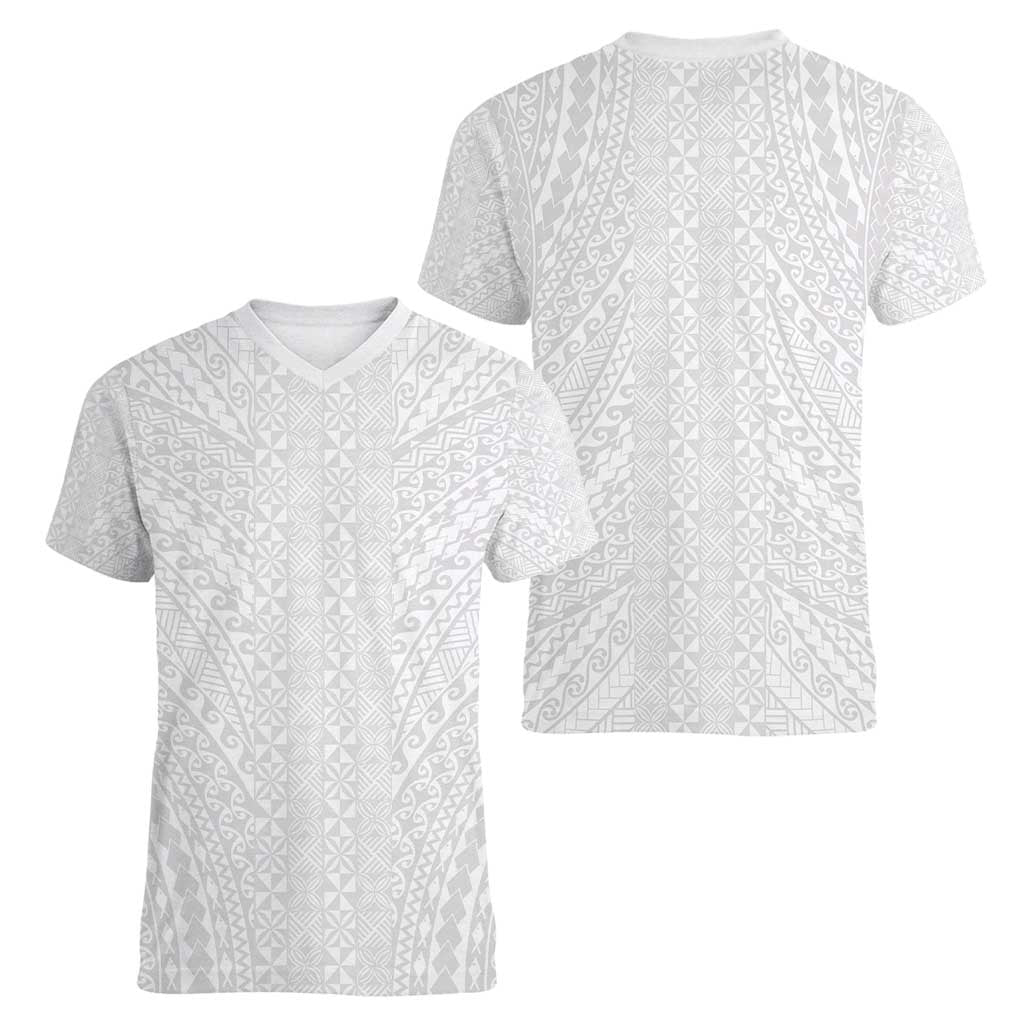 Lotu Tamaiti White Tongan Ngatu Women V-Neck T-Shirt Polynesian Tribal Fonulei Pattern LT9 - Polynesian Pride