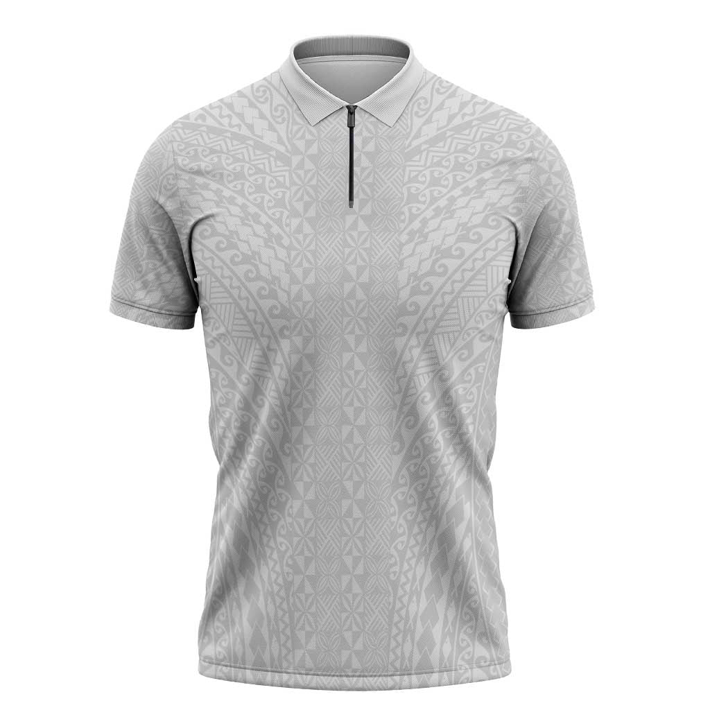 Lotu Tamaiti White Tongan Ngatu Zipper Polo Shirt Polynesian Tribal Fonulei Pattern LT9 White - Polynesian Pride