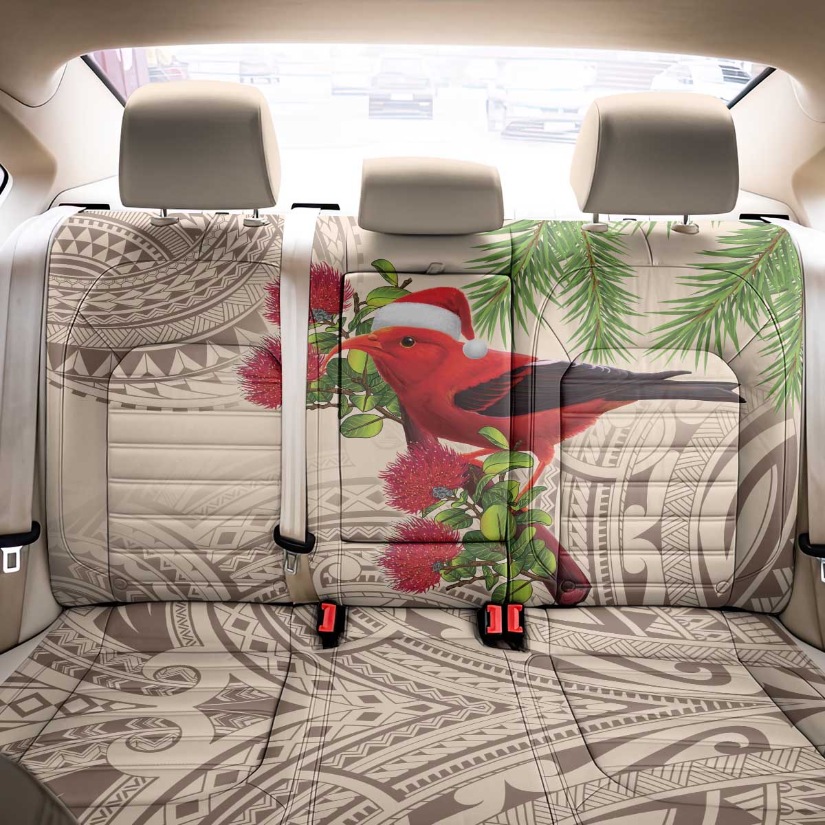 Christmas Hawaii with I'iwi Bird Back Car Seat Cover Aloha Mele Kalikimaka - Beige Art LT9 - Polynesian Pride