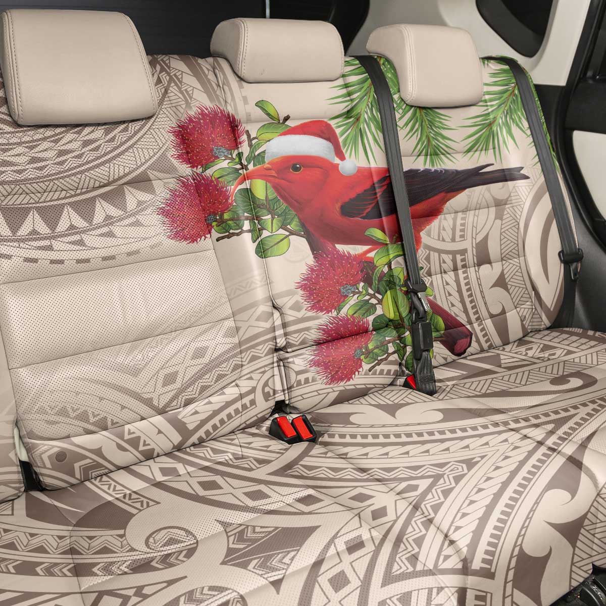 Christmas Hawaii with I'iwi Bird Back Car Seat Cover Aloha Mele Kalikimaka - Beige Art LT9 - Polynesian Pride