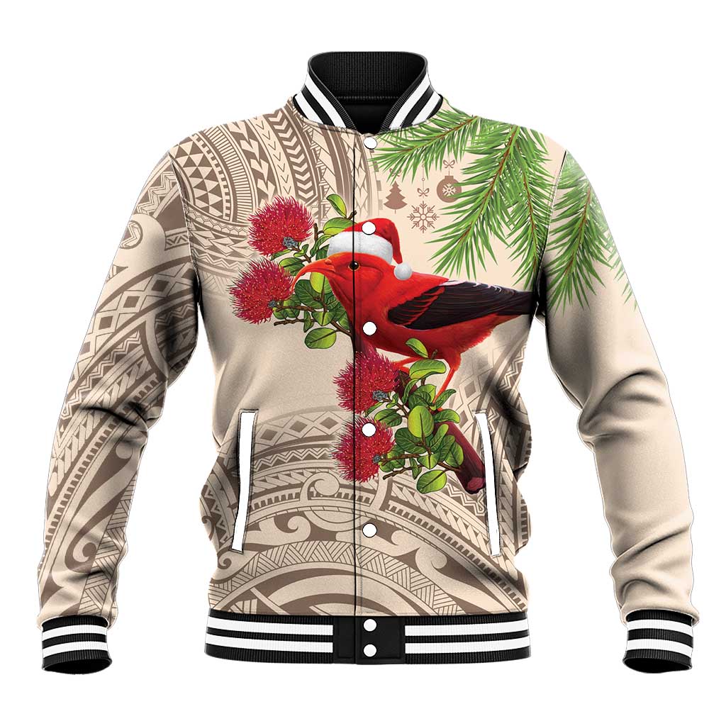 Christmas Hawaii with I'iwi Bird Baseball Jacket Aloha Mele Kalikimaka - Beige Art LT9 Unisex Beige - Polynesian Pride