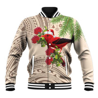 Christmas Hawaii with I'iwi Bird Baseball Jacket Aloha Mele Kalikimaka - Beige Art LT9 Unisex Beige - Polynesian Pride
