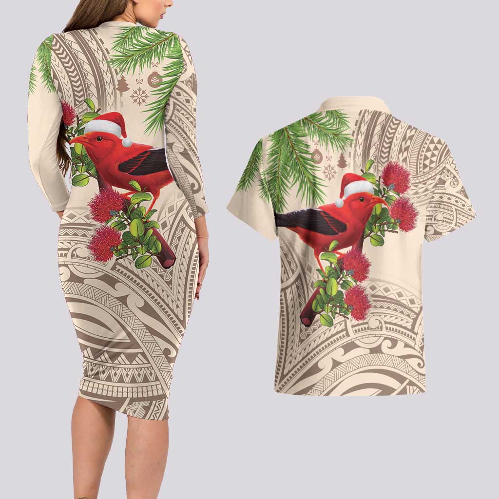 Christmas Hawaii with I'iwi Bird Couples Matching Long Sleeve Bodycon Dress and Hawaiian Shirt Aloha Mele Kalikimaka - Beige Art LT9 - Polynesian Pride