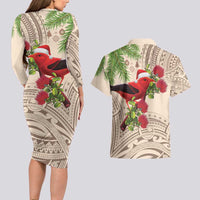 Christmas Hawaii with I'iwi Bird Couples Matching Long Sleeve Bodycon Dress and Hawaiian Shirt Aloha Mele Kalikimaka - Beige Art LT9 - Polynesian Pride