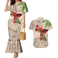 Christmas Hawaii with I'iwi Bird Couples Matching Mermaid Dress and Hawaiian Shirt Aloha Mele Kalikimaka - Beige Art LT9 Beige - Polynesian Pride