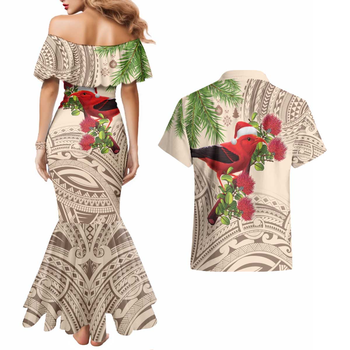 Christmas Hawaii with I'iwi Bird Couples Matching Mermaid Dress and Hawaiian Shirt Aloha Mele Kalikimaka - Beige Art LT9 - Polynesian Pride
