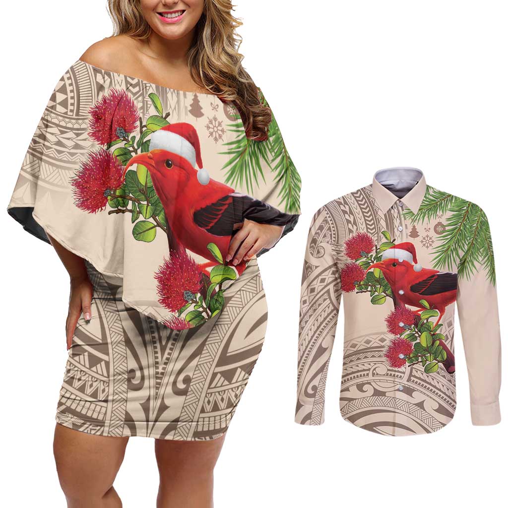 Christmas Hawaii with I'iwi Bird Couples Matching Off Shoulder Short Dress and Long Sleeve Button Shirt Aloha Mele Kalikimaka - Beige Art LT9 Beige - Polynesian Pride