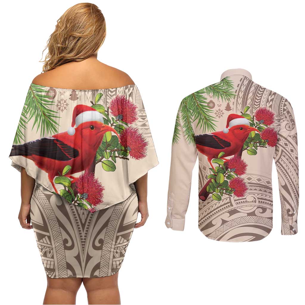 Christmas Hawaii with I'iwi Bird Couples Matching Off Shoulder Short Dress and Long Sleeve Button Shirt Aloha Mele Kalikimaka - Beige Art LT9 - Polynesian Pride