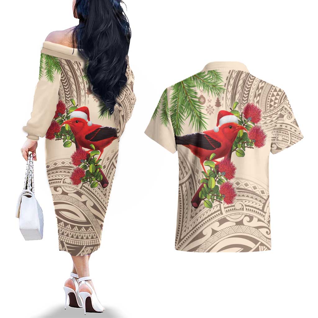 Christmas Hawaii with I'iwi Bird Couples Matching Off The Shoulder Long Sleeve Dress and Hawaiian Shirt Aloha Mele Kalikimaka - Beige Art LT9 - Polynesian Pride