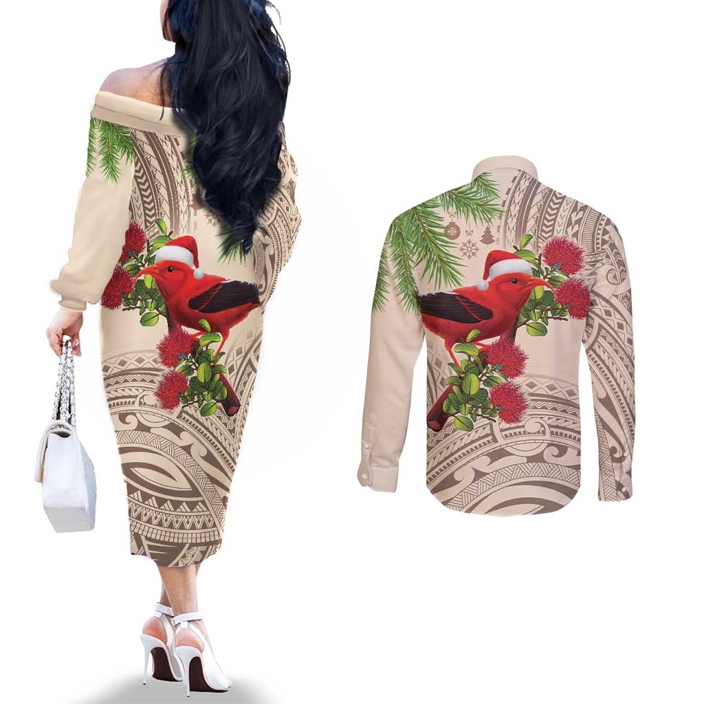 Christmas Hawaii with I'iwi Bird Couples Matching Off The Shoulder Long Sleeve Dress and Long Sleeve Button Shirt Aloha Mele Kalikimaka - Beige Art