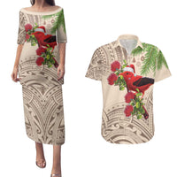 Christmas Hawaii with I'iwi Bird Couples Matching Puletasi and Hawaiian Shirt Aloha Mele Kalikimaka - Beige Art LT9 Beige - Polynesian Pride