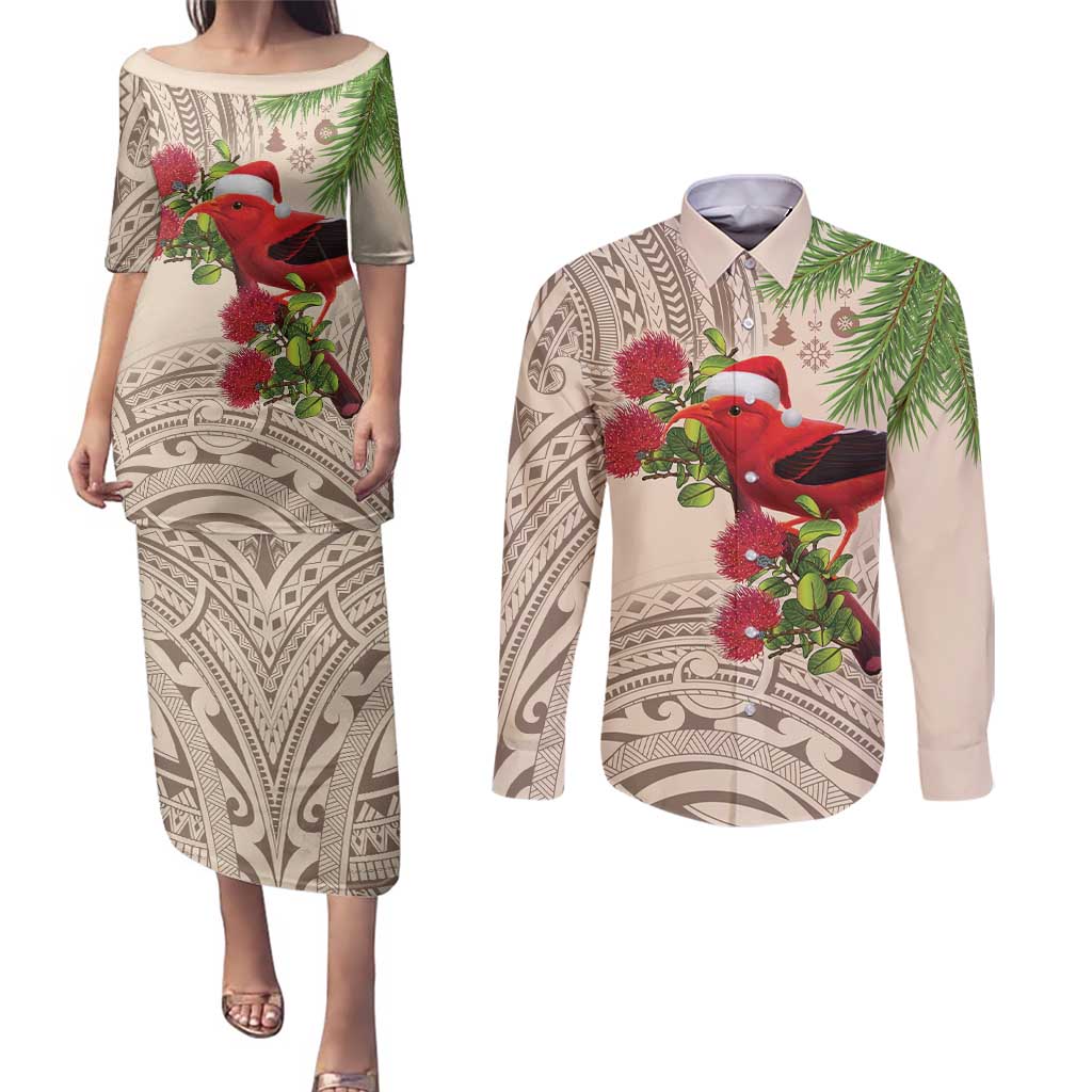 Christmas Hawaii with I'iwi Bird Couples Matching Puletasi and Long Sleeve Button Shirt Aloha Mele Kalikimaka - Beige Art LT9 Beige - Polynesian Pride